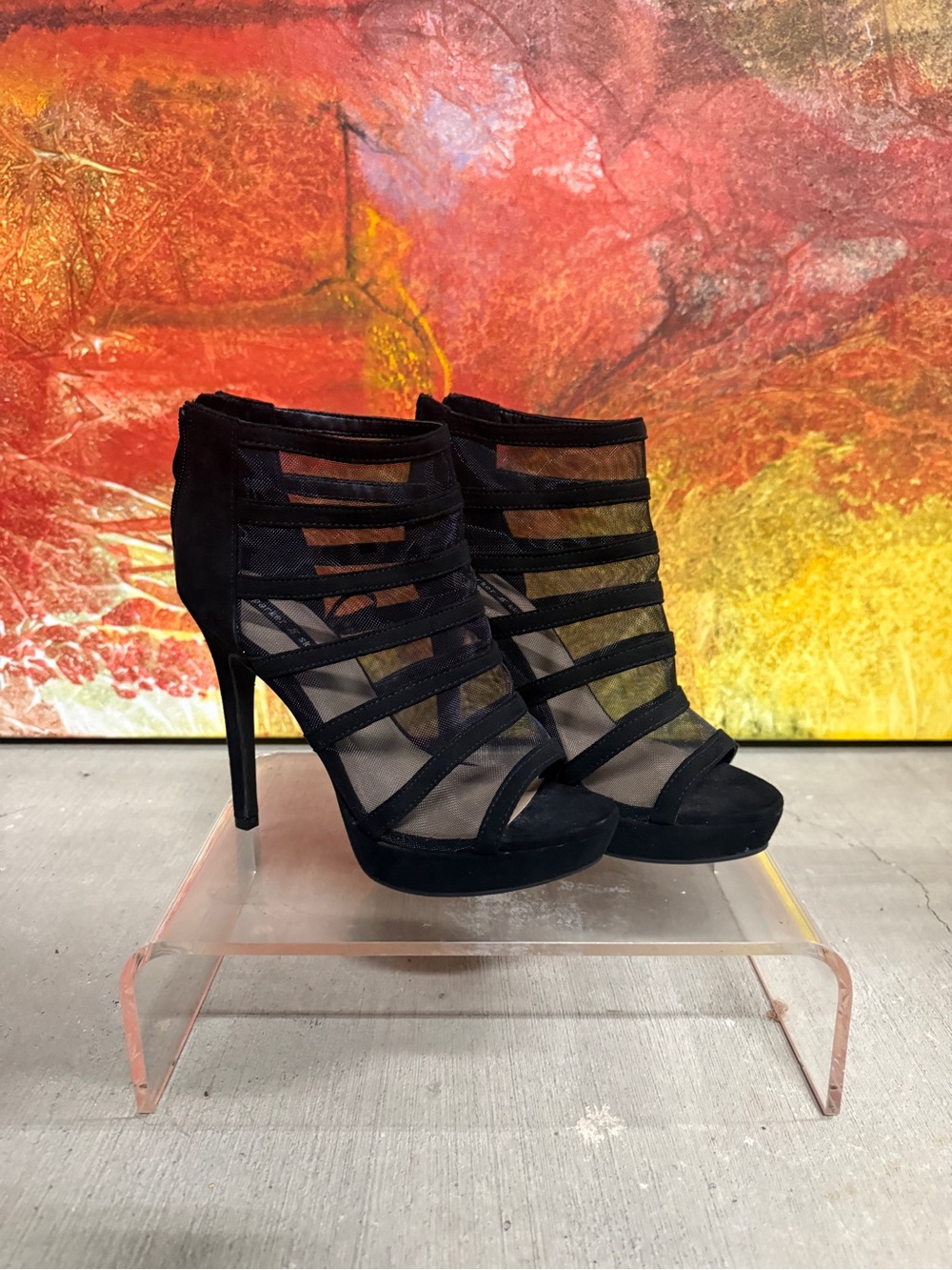Black Strappy Mesh High Heel Sandal - Women's